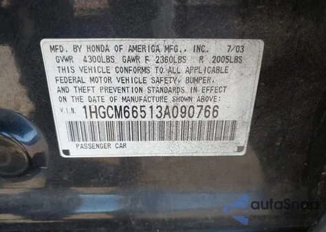 2003 Honda Accord 3.0 Ex z USA, uszkodzony, nr VIN 1HGCM66513A090766